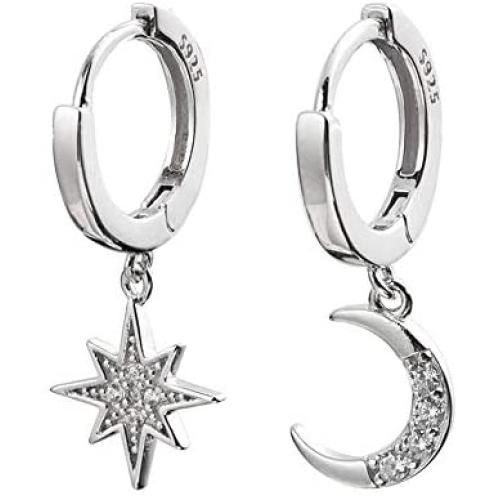 CZ Moon Star Dangle Small Hoop Earrings for Women Girls Sterling Silver with Charms Crystal Asymmetrical Snowflake Crescent Drop Mini Cartilage Clip Jewelry Delicate Fashion Birthday Gifts Best Friend