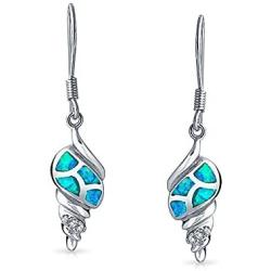 Nautical Blue Created Opal Tropical Beach Seashell Dangle Earrings For Women For Teen Fish Wire Hook 925 Sterling Silver