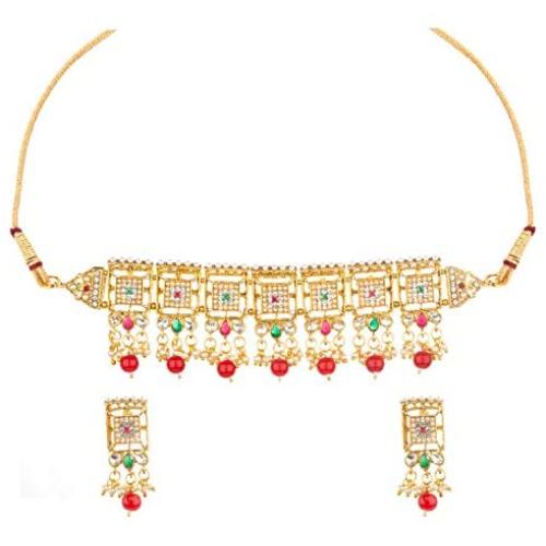 Efulgenz Indian Bollywood Traditional 14 K Gold Plated Pearl Crystal Bridal Wedding Choker Necklace Earrings Jewelry Set