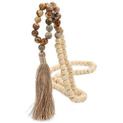 BALIBALI 8MM Semi-Precious Gem Stones Wood Mala Bead Necklace Multicolor Tassel Charms Chain Necklace Handmade Beaded Pendant Necklace for Women Men