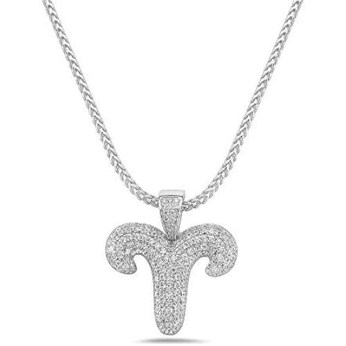 .925 Sterling Silver CZ Zodiac Pendant Necklace - 2MM Franco Chain 20'' - Choose Your Horoscope