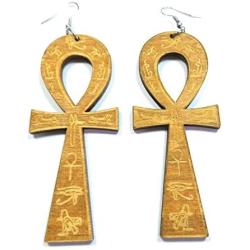 Teris Boutique Egyptian Ankh Cross Wood Engraved Ancient Symbol of Life Fashion Jewelry Dangle Earrings