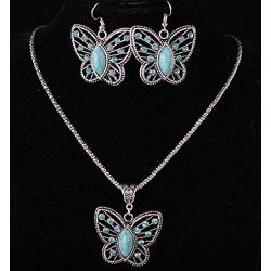 Cocazyw Silver Butterfly Turquoise Bracelet and Earrings for Women Girl Retro Charm Gemstone Jewelry Set Pendant Necklace and Drop Earrings for Women Girl