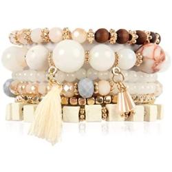 RIAH FASHION Multi Layer Versatile Statement Bracelets - Stackable Beaded Strand Stretch Bangles Sparkly Crystal, Wood Bead, Tassel Charm Pendant