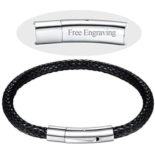 FOCALOOK Free Customized,Waterproof Soft Comfortable Braided Rope Leather Bracelet, Black/Brown, for Men/Women, Fathers Day Unique Gift, 18/20/22CM(with Gift Box)