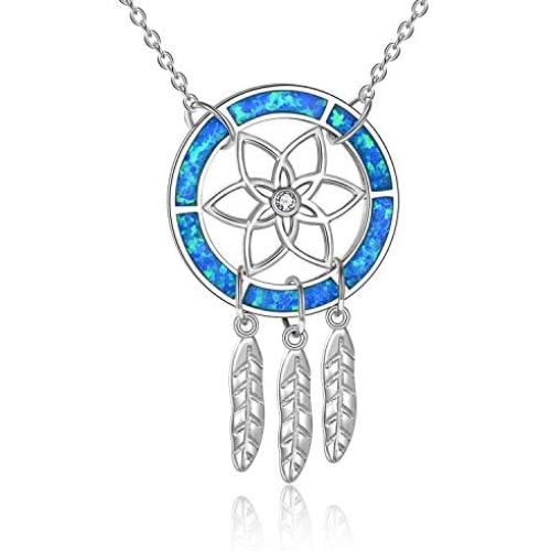 ONEFINITY Opal Necklace Sterling Sliver Created Blue Opal Infinity Heart/bee/Dream Catcher/Nurse Hat Necklace Opal Jewelry for Women Girl Wife Daughter (Dream Catcher Opal)