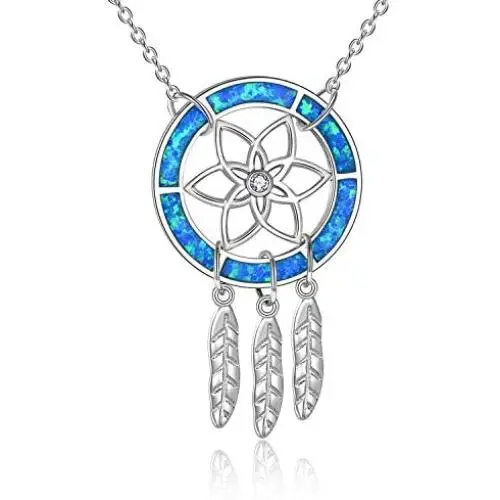 ONEFINITY Opal Necklace Sterling Sliver Created Blue Opal Infinity Heart/bee/Dream Catcher/Nurse Hat Necklace Opal Jewelry for Women Girl Wife Daughter (Dream Catcher Opal)