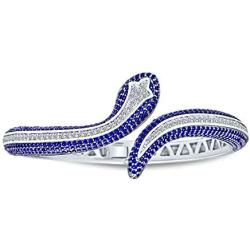 Bling Jewelry Egyptian Fashion Statement Snake Serpent Hinge Cuff Bangle Bypass Bracelet for Women White Blue Simulated Sapphire Cubic Zirconia Pave CZ Rhodium Plated