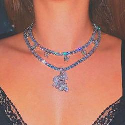 Zoestar Butterfly Choker Necklace Sparkly Crystal Tennis Necklaces 2 Layered Gorgeous Shiny Chain Jewelry for Women and Girls