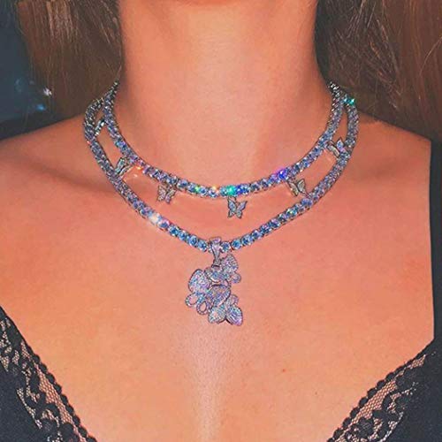 Zoestar Butterfly Choker Necklace Sparkly Crystal Tennis Necklaces 2 Layered Gorgeous Shiny Chain Jewelry for Women and Girls