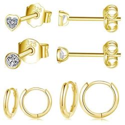 Sterling Silver Earrings Set for Women, 4 Pairs Small Silver Huggie Hinged Hoop Earrings Tiny Cubic Zirconia Heart Shaped Stud Earrings Round CZ Stud Dainty Cartilage Sleeper Ear Jewelry for Men Girls