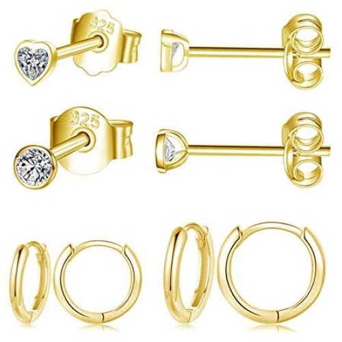 Sterling Silver Earrings Set for Women, 4 Pairs Small Silver Huggie Hinged Hoop Earrings Tiny Cubic Zirconia Heart Shaped Stud Earrings Round CZ Stud Dainty Cartilage Sleeper Ear Jewelry for Men Girls