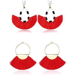 Finrezio 2 Pairs Womens Beaded Tassel Earrings Long Fringe Drop Bohemian Dangle Earrings (Color B:Blue and White Tassel Earrings)