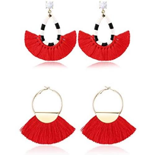 Finrezio 2 Pairs Womens Beaded Tassel Earrings Long Fringe Drop Bohemian Dangle Earrings (Color B:Blue and White Tassel Earrings)