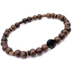 Mens Calming Wood and Brass Stretch Bead Bracelet Handcrafted in USA - Brown