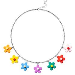 PANTIDE Colorful Flower Indie Necklace Cute Silicone Flowers Pendant Necklace Kawaii Egirl Y2k Style Kidcore Aesthetic Jewelry Gift for Women Girls Kids - 7 Colors