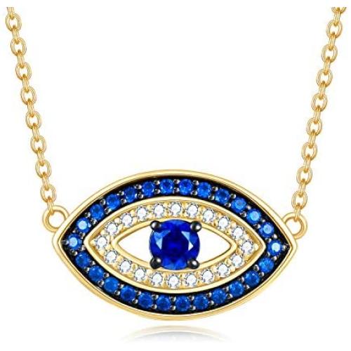 FANCIME Valentines Day Gift Sterling Silver Gold Evil Eye Necklace Cubic Zirconia Simulated Diamond Pendant Necklace Fine Jewelry for Women Girls 16 + 2 inch Extender