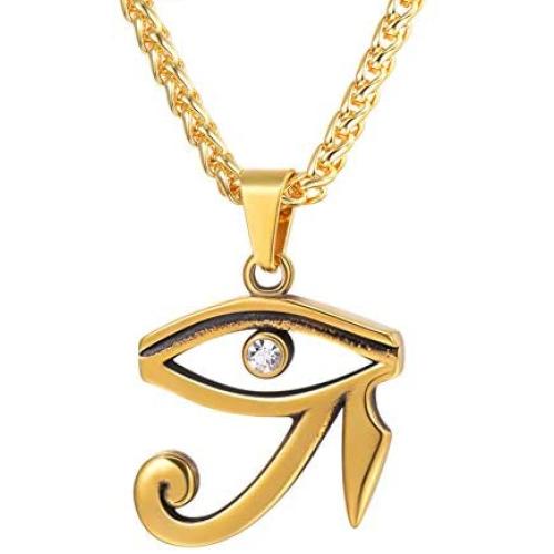 U7 Ancient Egyption Jewelry Stainless Steel 18K Gold Plated Eye of Horus Necklace, Ankh Cross Pendant, Men Women Fashion Jewelry with Chain 22 Inch, Custom Engravable