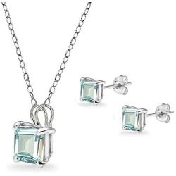 Sterling Silver Genuine or Simulated Gemstone Square Solitaire Necklace and Stud Earrings Set