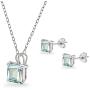Sterling Silver Genuine or Simulated Gemstone Square Solitaire Necklace and Stud Earrings Set