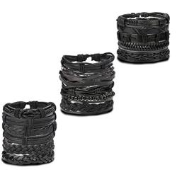 Jstyle 17Pcs Braided Leather Bracelet for Men Women Wooden Beaded Cuff Wrap Bracelet Adjustable