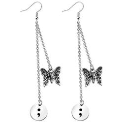PENQI Semi Colon Jewelry Semicolon Butterfly Pendant Earrings Suicide Awareness Gift Depression Awareness Gift For Fighter Warrior