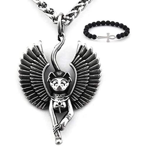 Gungneer Ancient Egyptian Goddess Egypt Sphinx Black Cat Pendant Stainless Steel Necklace Protection Amulet Keel Chain