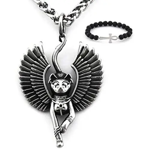 Gungneer Ancient Egyptian Goddess Egypt Sphinx Black Cat Pendant Stainless Steel Necklace Protection Amulet Keel Chain Gungneer Ancient Egyptian Goddess Egypt Sphinx Black Cat Pendant Stainless Steel Necklace Protection Amulet Keel Chain