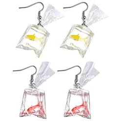 2 Pairs Funny Goldfish Earrings,Water Bag Shaped Dangle Hook Earrings Charm Jewelry Gift Earrings for Women Girls(One Red One Yellow)