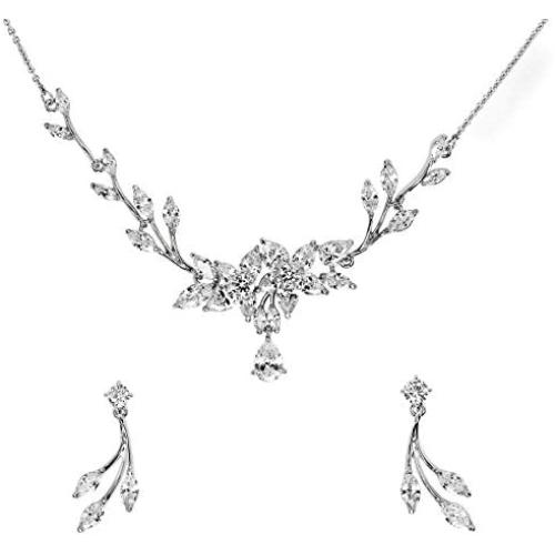 Faship Gorgeous CZ Crystal Floral Necklace Earrings Set