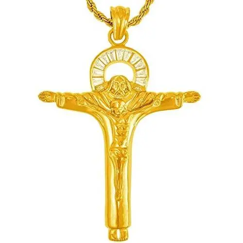 LIFETIME JEWELRY Large CZ Halo Jesus Pendant Cross Necklace 24k Gold Plated LIFETIME JEWELRY Large CZ Halo Jesus Pendant Cross Necklace 24k Gold Plated