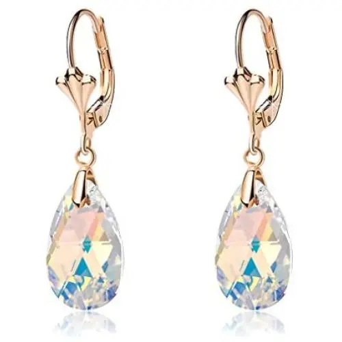 Swarovski Crystal Teardrop Leverback Dangle Earrings for Women Fashion 14K Gold Plated Hypoallergenic Jewelry