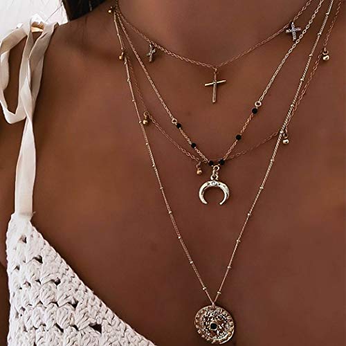 Acedre Boho Heart Cross Choker Necklace Moon Crescent Layered Necklaces Gold Bar Key Necklace Chains Adjustable Neck Jewelry Accessory for Women and Girls (C)