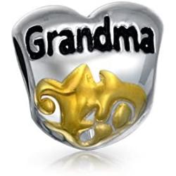Personalize Heart Shape Floral Scroll Daughter Grandmother God Mother Charm Bead For Bracelet For Women Two Tone 14K Gold Plated .925 Sterling Silver