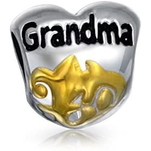 Personalize Heart Shape Floral Scroll Daughter Grandmother God Mother Charm Bead For Bracelet For Women Two Tone 14K Gold Plated .925 Sterling Silver