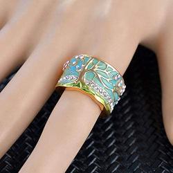 N-A Lucky Flower Tree Rings Gold Pink Opal Green Enamel Wide Ring for Woman Party Crystal Vintage Jewelry