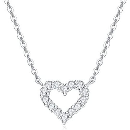 Carleen Solid Real Gold Round Diamond Small Tiny Love Open Heart Dainty Pendant Necklace Delicate Jewelry for Women Girls, 16+2'' Solid Gold Chain