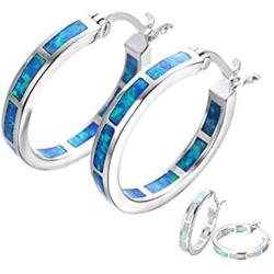 Life Stage White/Blue Fire Opal 925 Sterling Silver Round Hoop Dangle Earrings Womens Fashion Jewelry