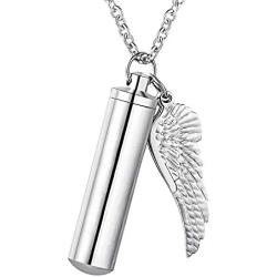 XIUDA Cremation Jewelry Urn Necklace for Ashes with Angel Wing Charm & Cylinder Eternity Stainless Steel