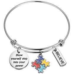 PENQI Autism Awareness Bracelet Autism Puzzle Charm Bracelet Show Yourself Step Into Your Power Autism Inspired Jewelry Autism Mom Gift Autism Grandma Gift