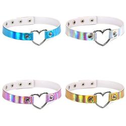 Tvoip 4Pcs PU Leather Choker Necklace Gift for Women Holographic Choker Heart Metal Laser Collar Chocker Fashion Jewelry Colorful Leather