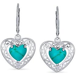 Bali Style Stabilized Turquoise Heart Shape Fish Hook Drop Earrings For Women Scroll Filigree 925 Sterling Silver