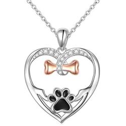 S925 Sterling Silver Cute Paw Print Heart Pendant Necklace for Dog Lover Women Paw Jewelry 18 inches