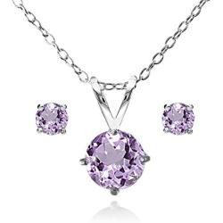 GemStar USA Sterling Silver Genuine, Created or Simulated Round Solitaire Necklace and Stud Earrings Set