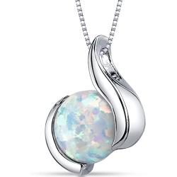 Peora Created White Opal Pendant Necklace in Sterling Silver, Open Wave Round Solitaire Design, 8mm, 1.75 Carats with 18 inch Chain