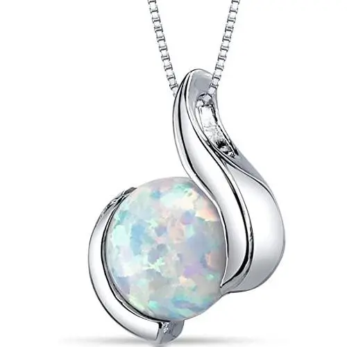 Peora Created White Opal Pendant Necklace in Sterling Silver, Open Wave Round Solitaire Design, 8mm, 1.75 Carats with 18 inch Chain Peora Created White Opal Pendant Necklace in Sterling Silver, Open Wave Round Solitaire Design, 8mm, 1.75 Carats with 18 inch Chain