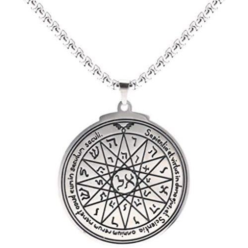 VASSAGO Stainless Steel Fourth Pentacle of Mercury Pendant Necklace Key of Solomon Seal Round Charm Wide Chain Talisman Jewelry for Men