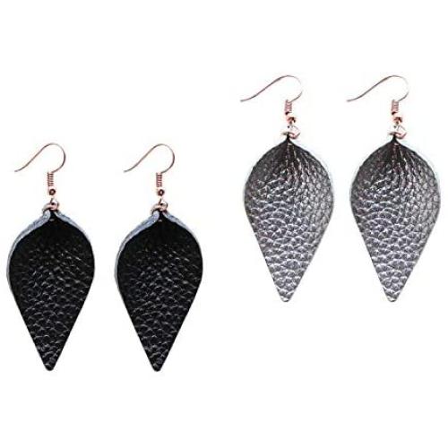 Genuine Leather Earrings Set Teardrop Petal Leaf Leather Dangle Earrings Leather Feather Drop Earring for Women Girls, S/M/L