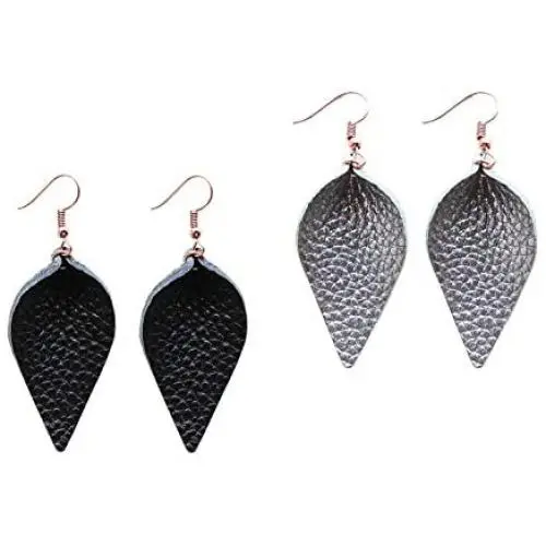 Genuine Leather Earrings Set Teardrop Petal Leaf Leather Dangle Earrings Leather Feather Drop Earring for Women Girls, S/M/L