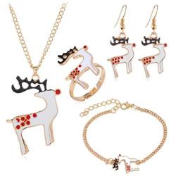 5 Pieces Christmas Jewelry Sets Santa Claus Christmas Tree Bells Elk Pendant Necklace Earrings Rings Bracelets Set Jingle Bell Dangle Earrings Xmas Tree Bracelet Gifts for X-Mas Holiday